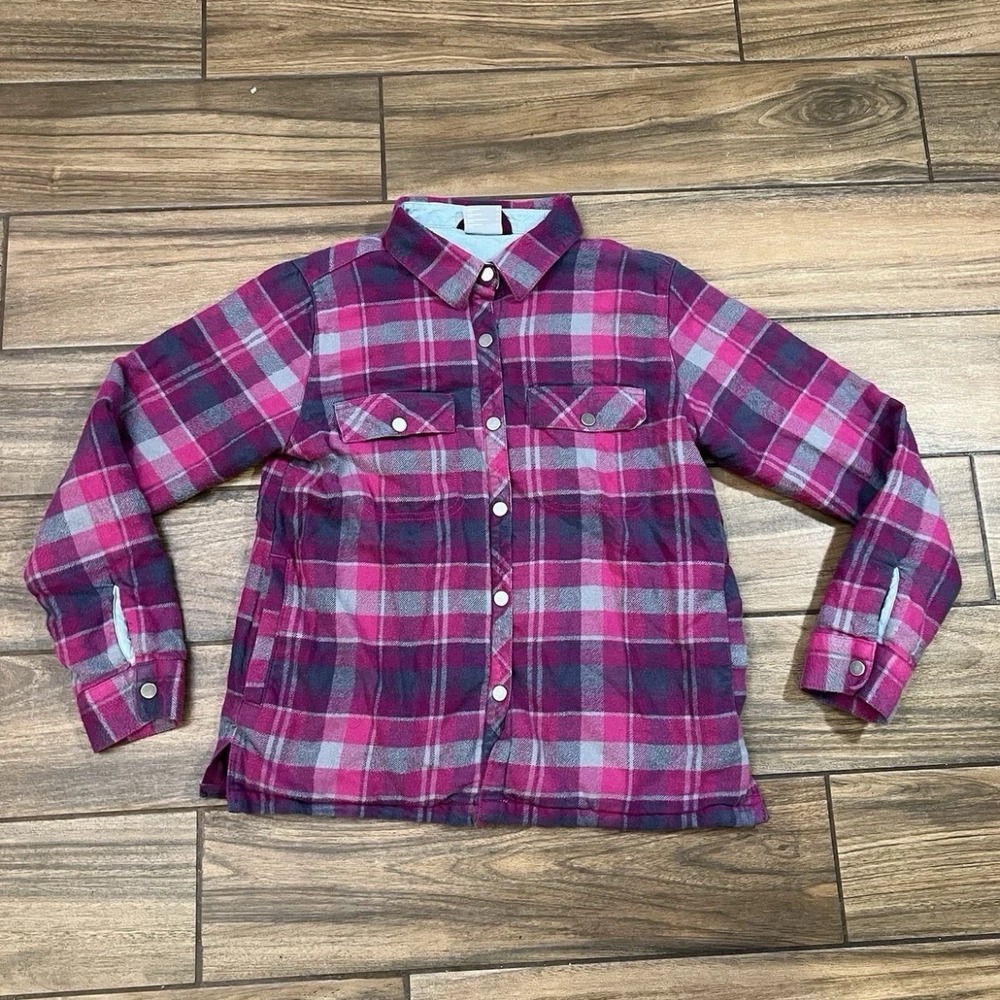 Columbia Plaid Flannel Shirt Jacket Women Medium Pink Snap Front Shacket